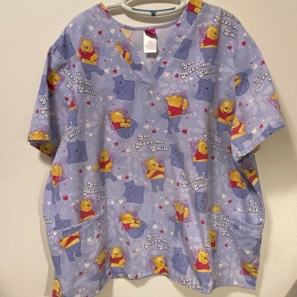 Winnie The Pooh Scrub Top Women’s Size 3X Blue V Neck Pull Over‎ Work Wear